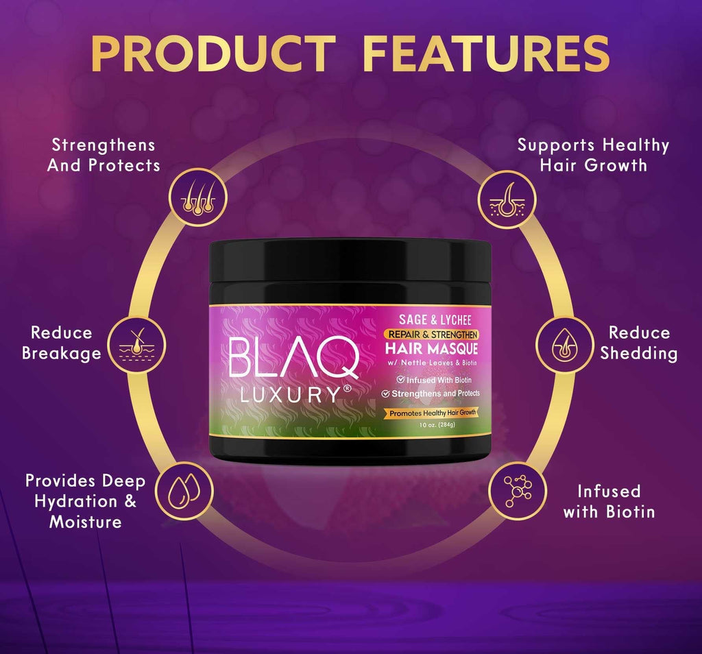 BLAQ Luxury Sage & Lychee Hair Masque | Infused with Biotin for Healthy Growth, Deep Hydration, and Softening | 12 fl oz
