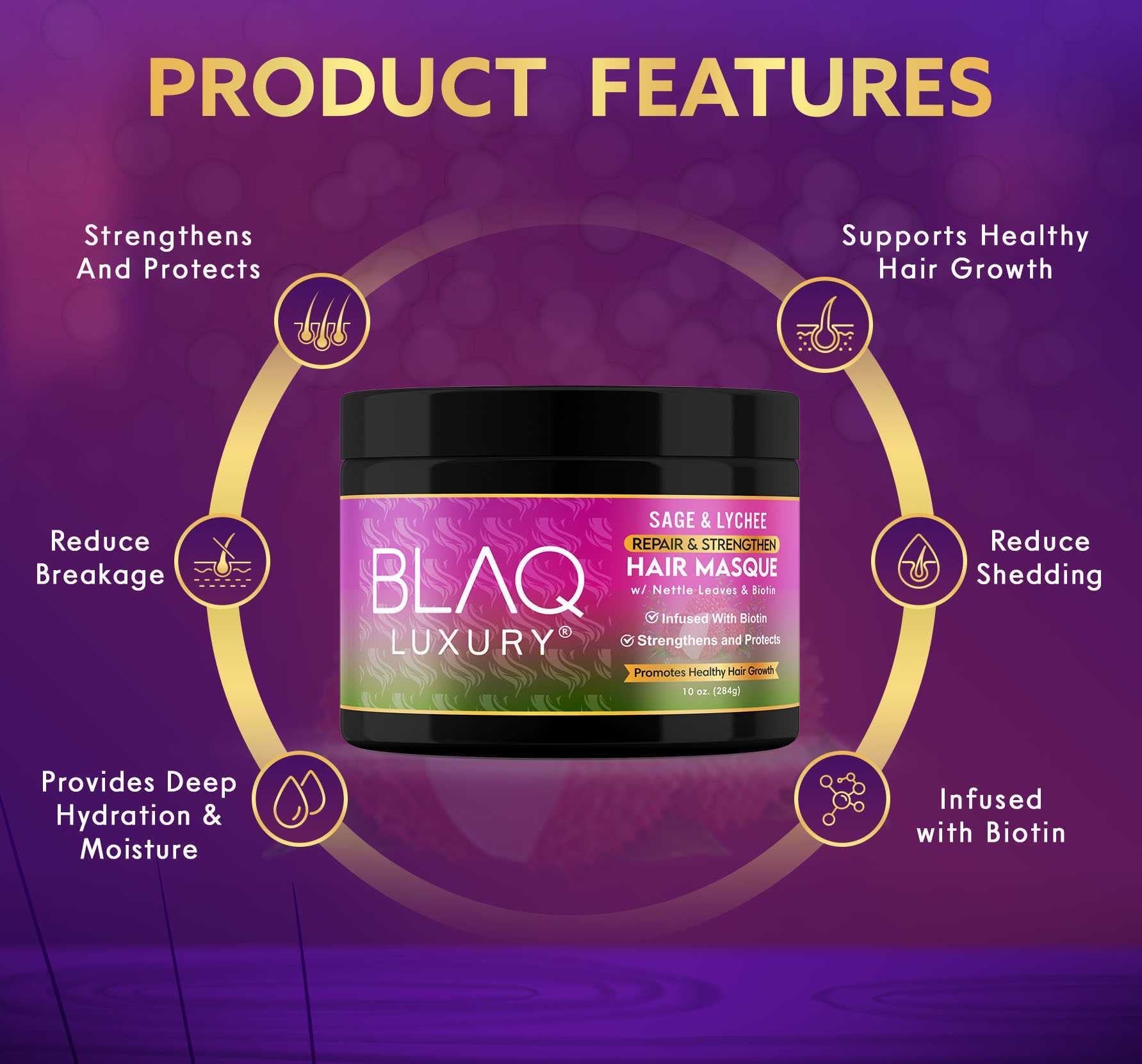 BLAQ Luxury Sage & Lychee Hair Masque | Infused with Biotin for Healthy Growth, Deep Hydration, and Softening | 12 fl oz