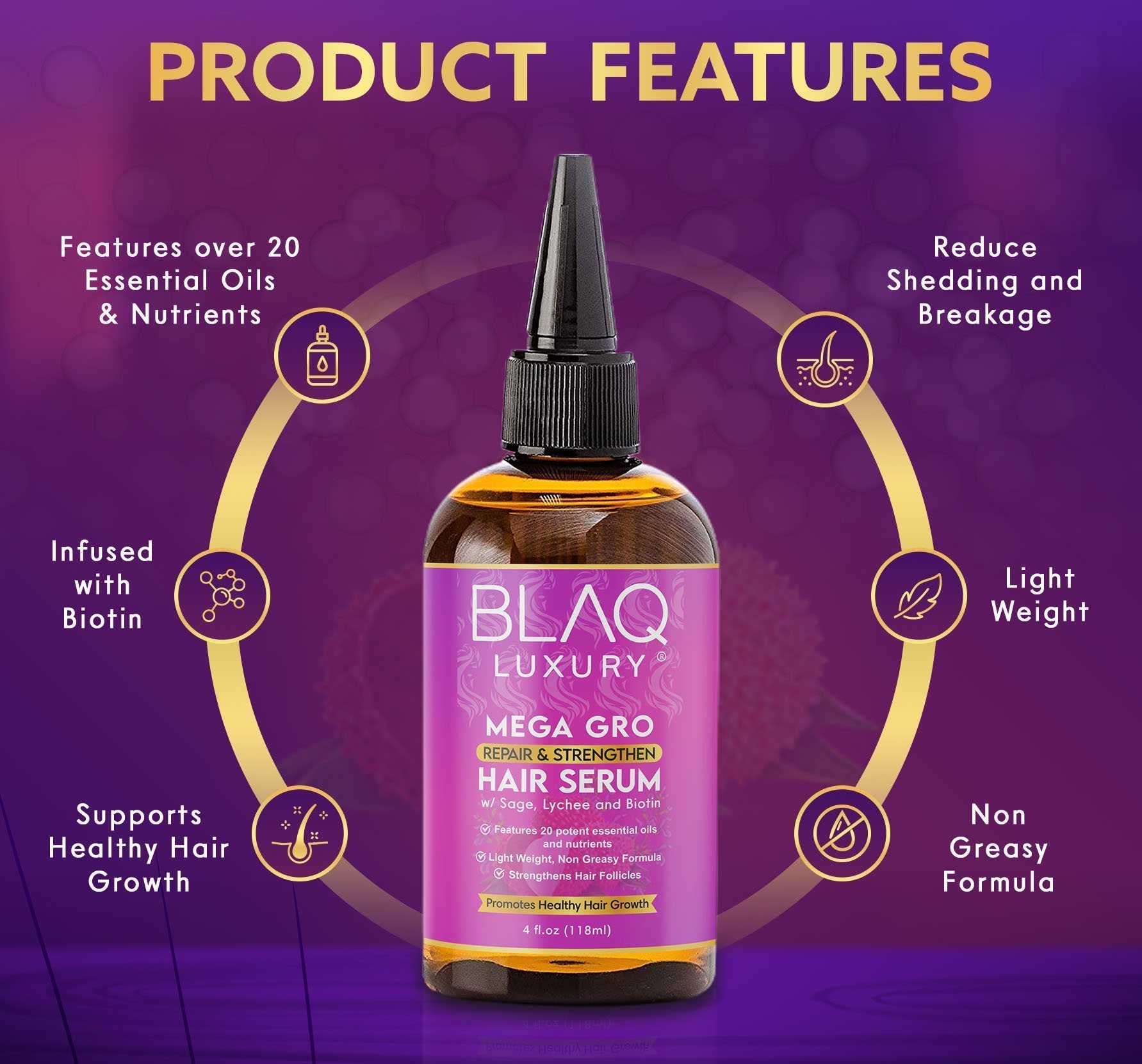 Blaq Luxury Mega Gro Hair Serum with Biotin & Essential Oils for Healthy Hair Growth Non-Greasy Daily Care 4 fl oz Haircare