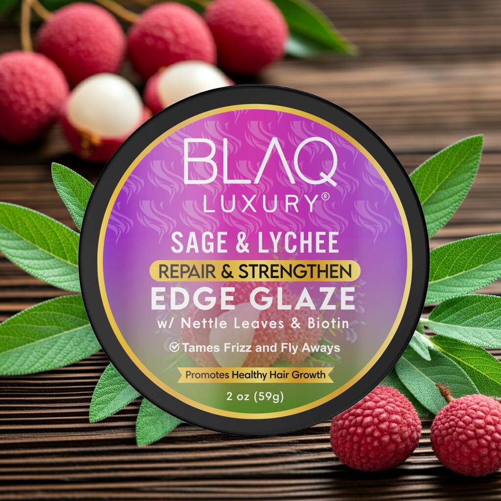 BLAQ Luxury Sage and Lychee Edge Glaze with Biotin for Strong Healthy Edges | 2 oz Enamel Safe Anti Frizz Gel