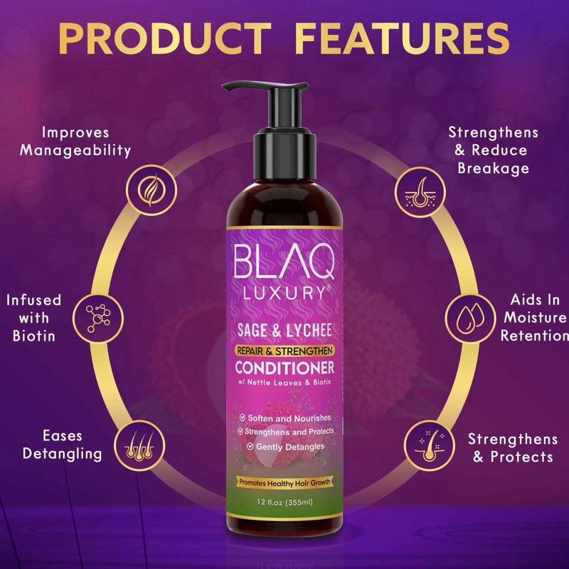 BLAQ LUXURY Sage & Lychee | Repair and Strengthen Conditioner Organic with Biotin for Healthy Hair Growth & Moisture Retention 12 fl oz