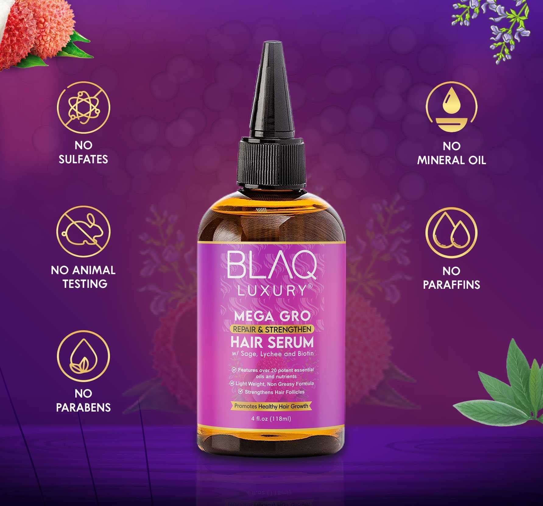 Blaq Luxury Mega Gro Hair Serum with Biotin & Essential Oils for Healthy Hair Growth Non-Greasy Daily Care 4 fl oz Haircare