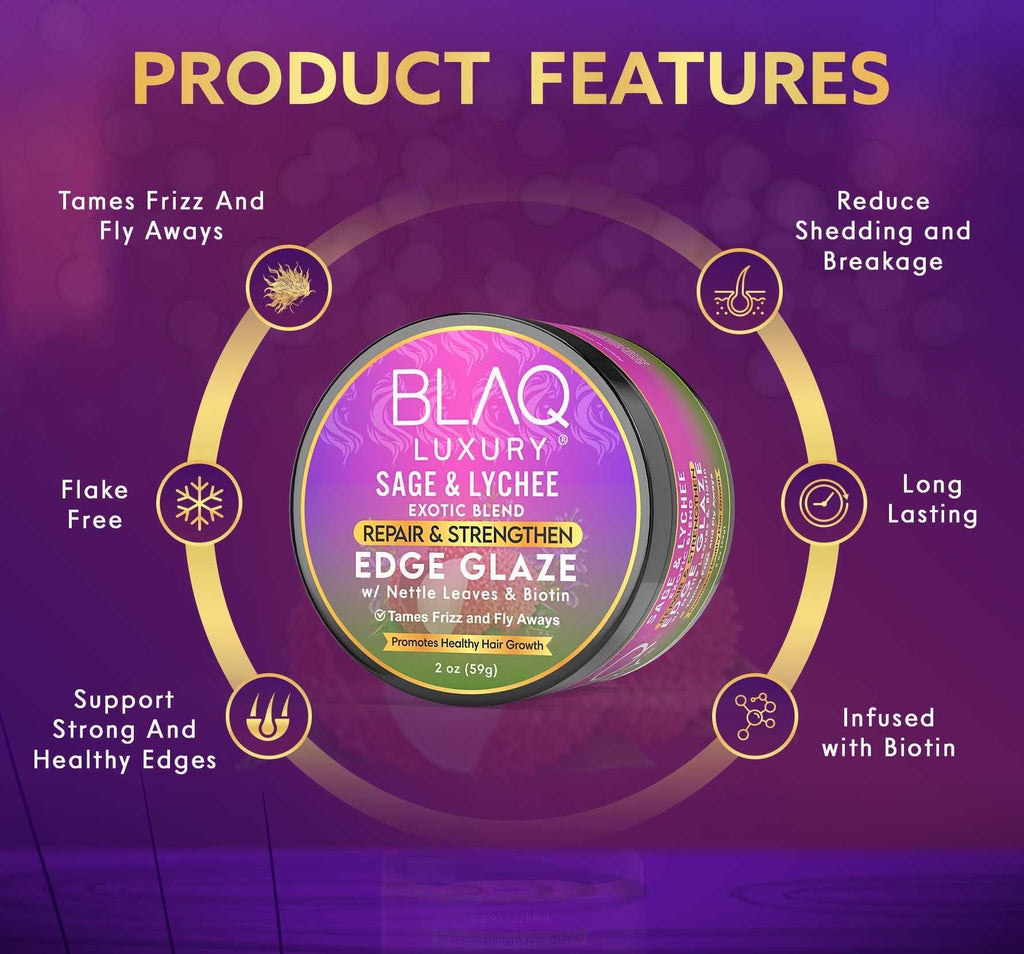 BLAQ Luxury Sage and Lychee Edge Glaze with Biotin for Strong Healthy Edges | 2 oz Enamel Safe Anti Frizz Gel
