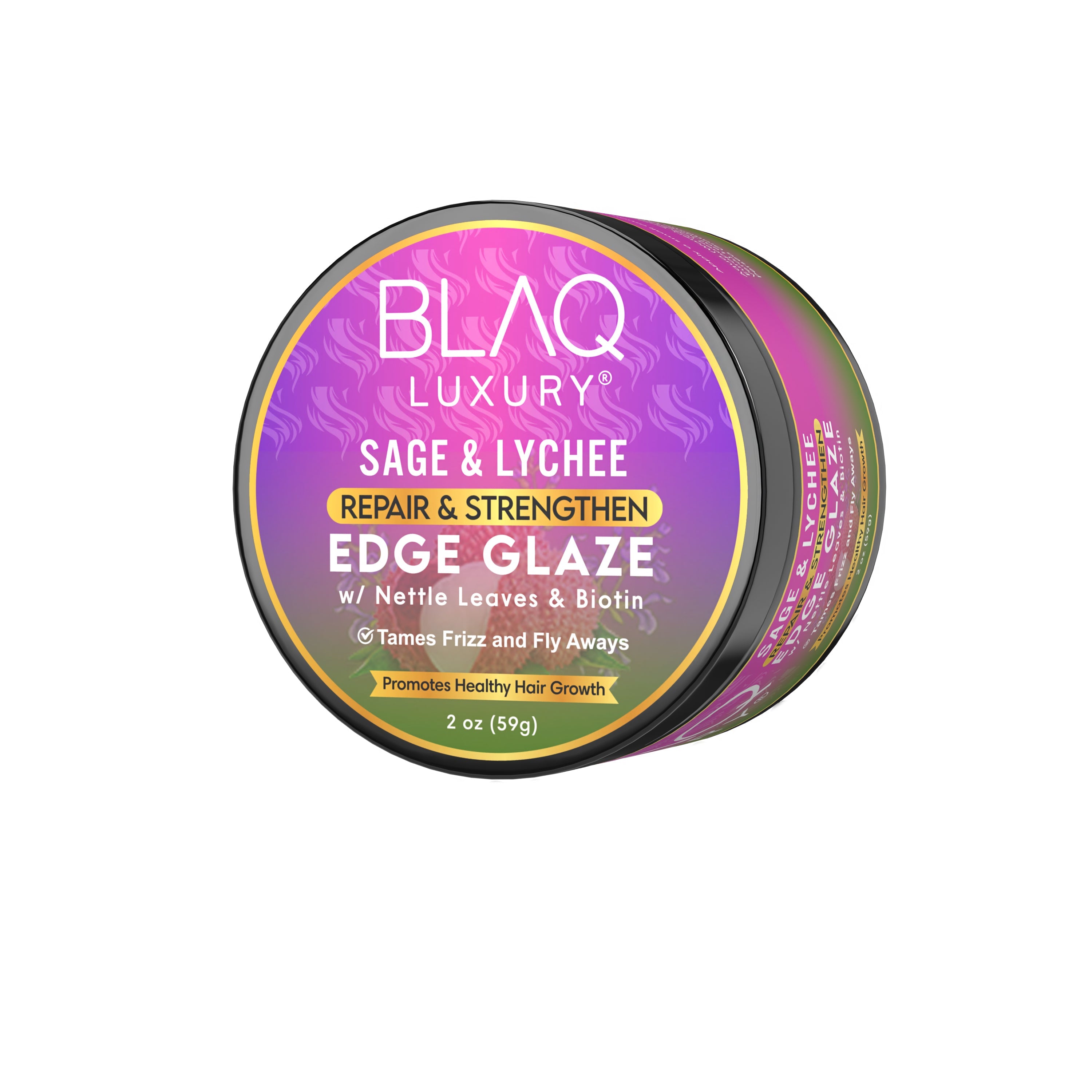 BLAQ Luxury Sage and Lychee Edge Glaze with Biotin for Strong Healthy Edges | 2 oz Enamel Safe Anti Frizz Gel