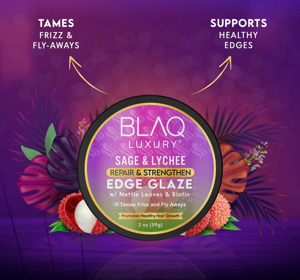 BLAQ Luxury Sage and Lychee Edge Glaze with Biotin for Strong Healthy Edges | 2 oz Enamel Safe Anti Frizz Gel