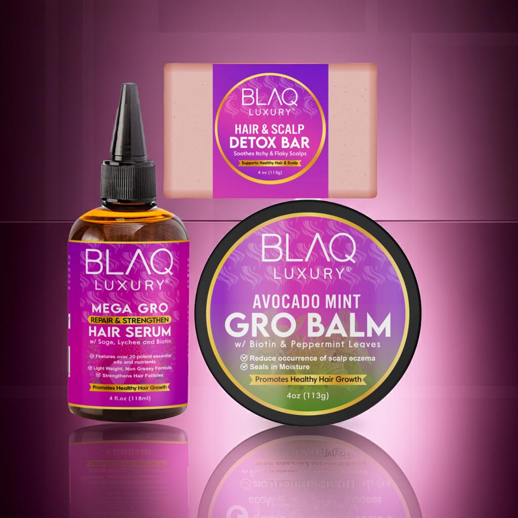 BLAQ Luxury Hair Trifecta | For Hairloss & Dandruff 100Ml Set with Mega Gro Serum, Avocado Mint Gro Balm, and Dandruff Bar