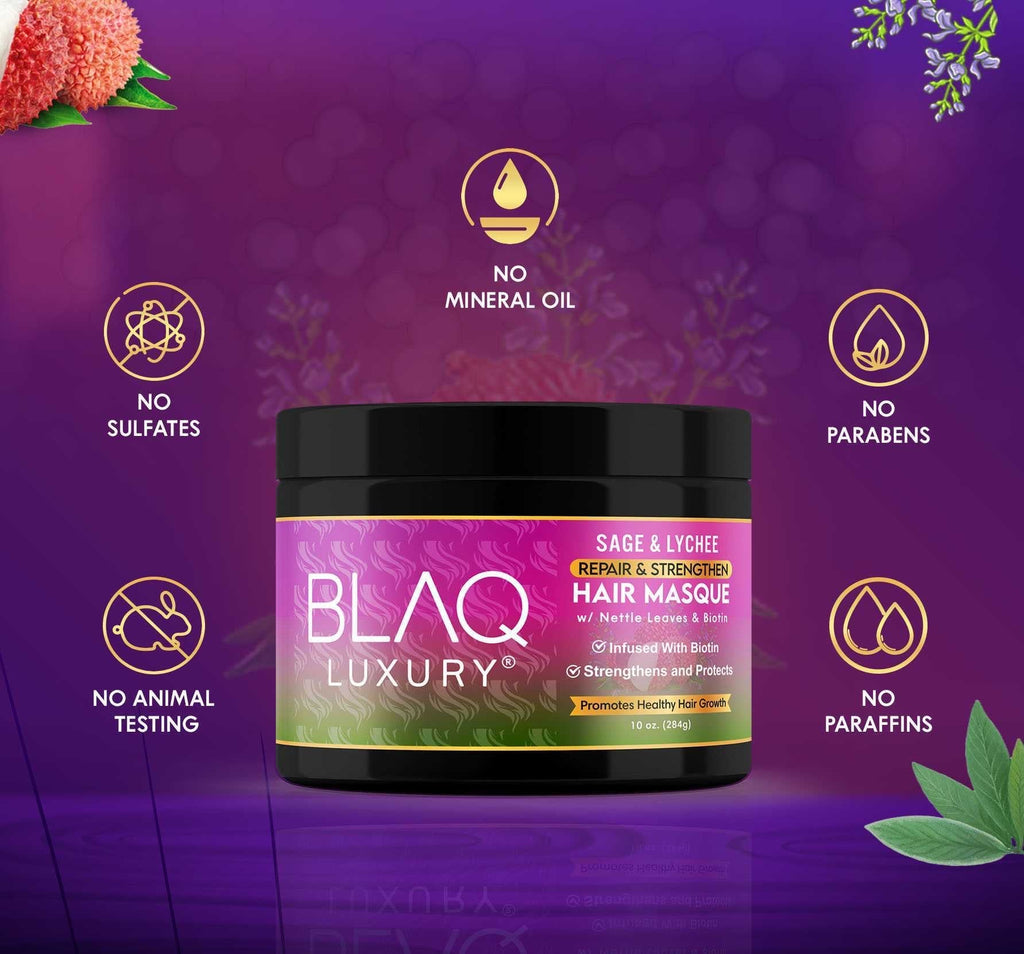 BLAQ Luxury Sage & Lychee Hair Masque | Infused with Biotin for Healthy Growth, Deep Hydration, and Softening | 12 fl oz