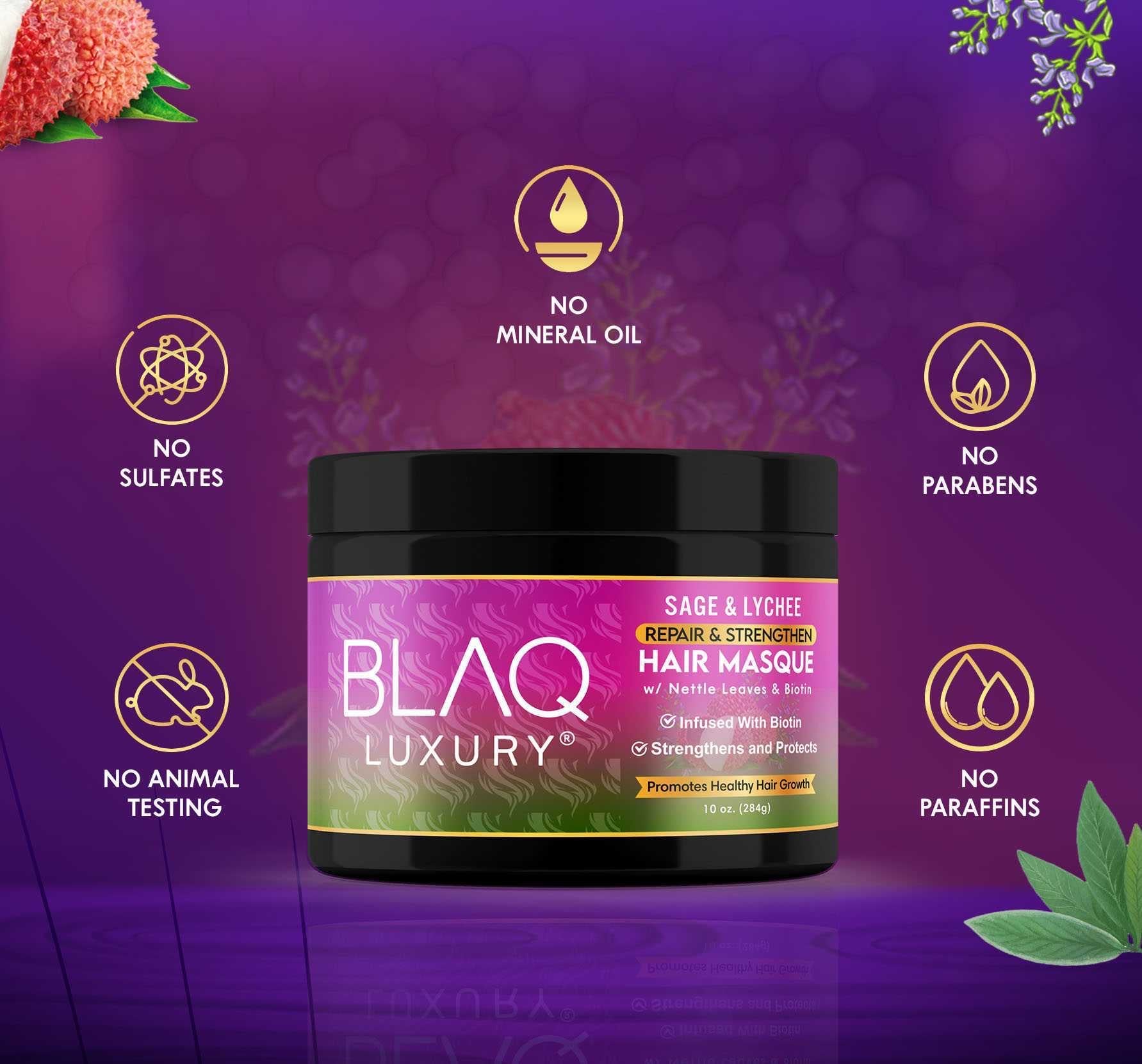 BLAQ Luxury Sage & Lychee Hair Masque | Infused with Biotin for Healthy Growth, Deep Hydration, and Softening | 12 fl oz