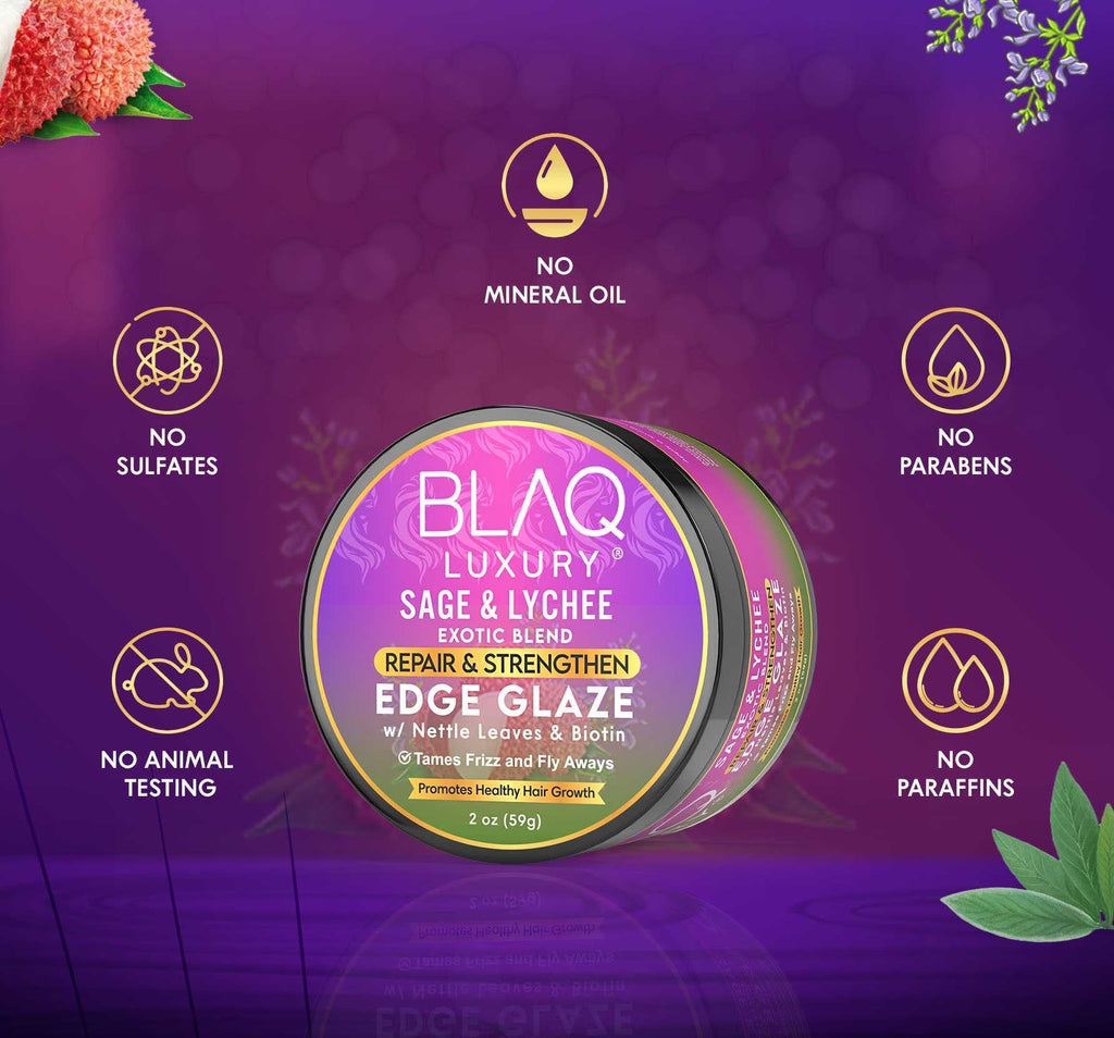 BLAQ Luxury Sage and Lychee Edge Glaze with Biotin for Strong Healthy Edges | 2 oz Enamel Safe Anti Frizz Gel